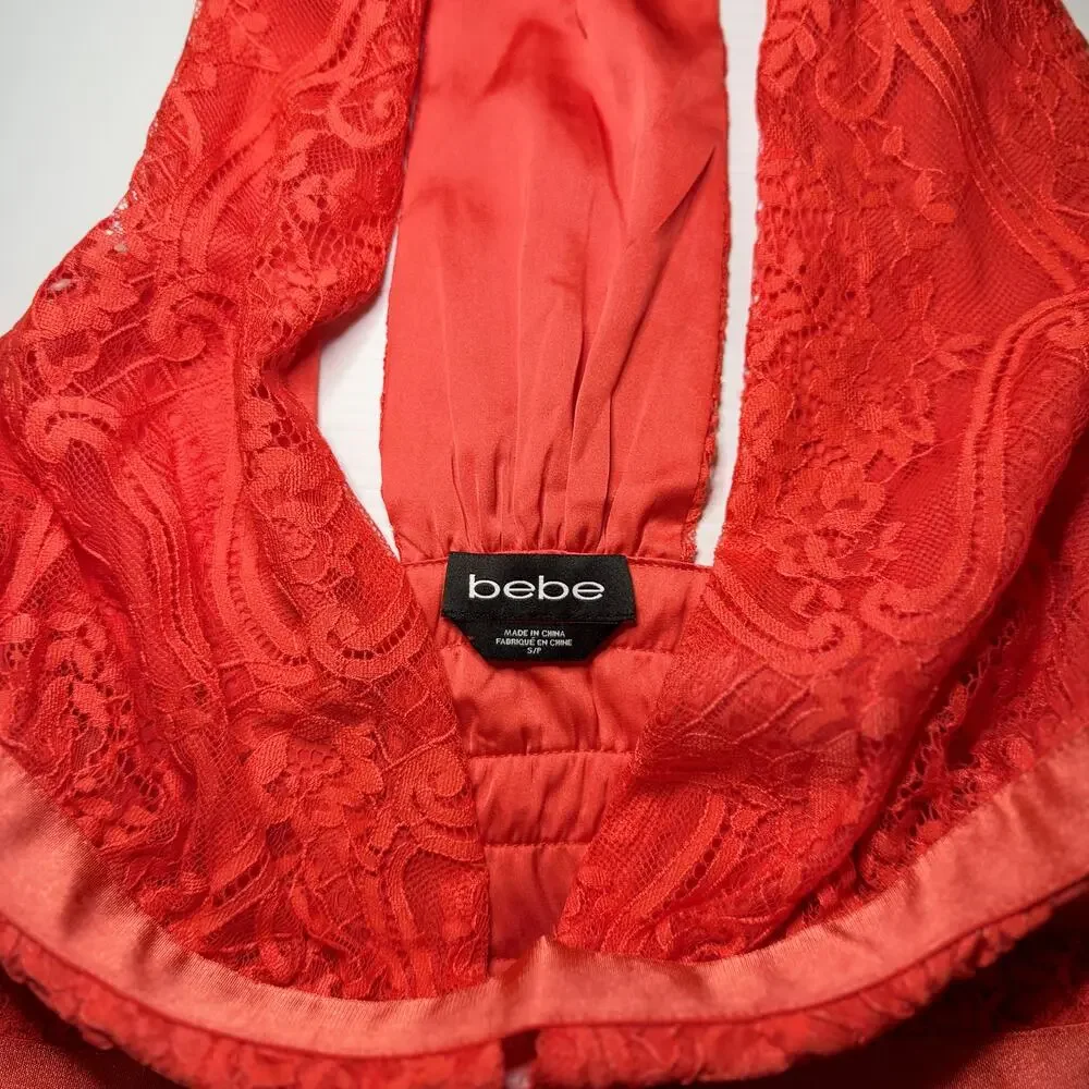 Bebe Lace Halter Peplum Top Poppy Red Women’s Small Plunge Satin Waist Y2K Party - Picture 3 of 16